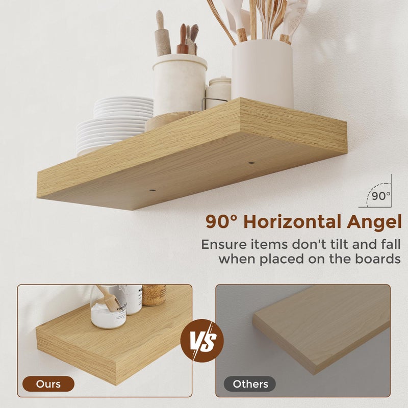 Heimlove 24 Inch Floating Shelves for Wall Oak Shelves Set of 2,Wall Mounted Rustic Wood 8 Inch Deep Floating Shelf with Invisible Brackets for Bedroom Kitchen Living Room - Image 4