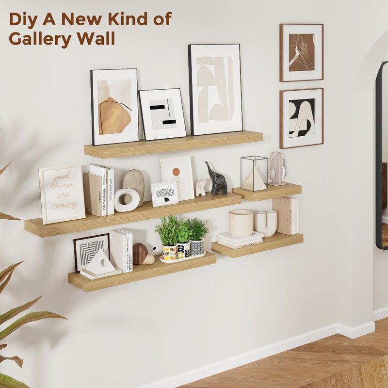 Heimlove 24 Inch Floating Shelves for Wall Oak Shelves Set of 2,Wall Mounted Rustic Wood 8 Inch Deep Floating Shelf with Invisible Brackets for Bedroom Kitchen Living Room - Image 5