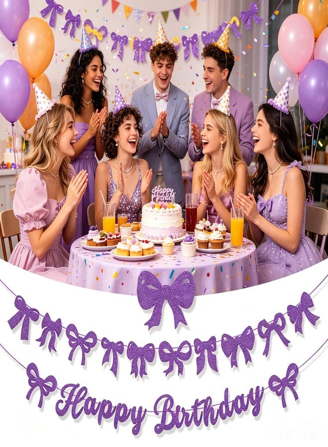 BHNACIER Purple Bow Happy Birthday Banner Purple Bows Bunting Garland Birthday Decor - Image 4