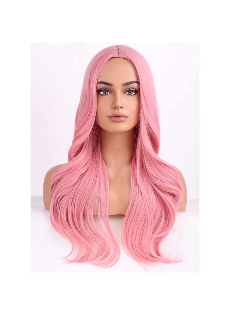 BERON BERON Pink Wigs Long Wavy Wig for Women Natural Curly Pink Colorful Heat Resistant Synthetic Hair Wigs for Cosplay Party Daily or Used 