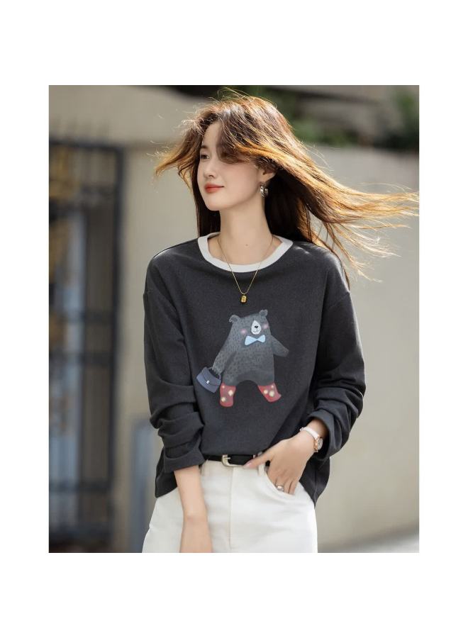dme Demana 280g Thermal Velvet Warm Winter Korean Style Colorblock Crewneck Bear Print Pee Women's T-shirt - Image 1