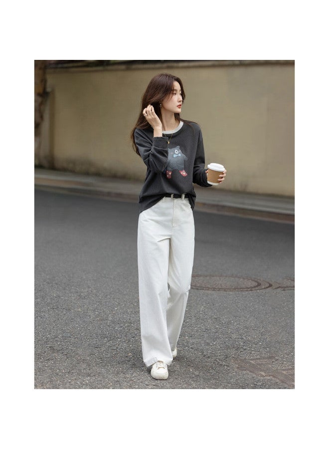 dme Demana 280g Thermal Velvet Warm Winter Korean Style Colorblock Crewneck Bear Print Pee Women's T-shirt - Image 3
