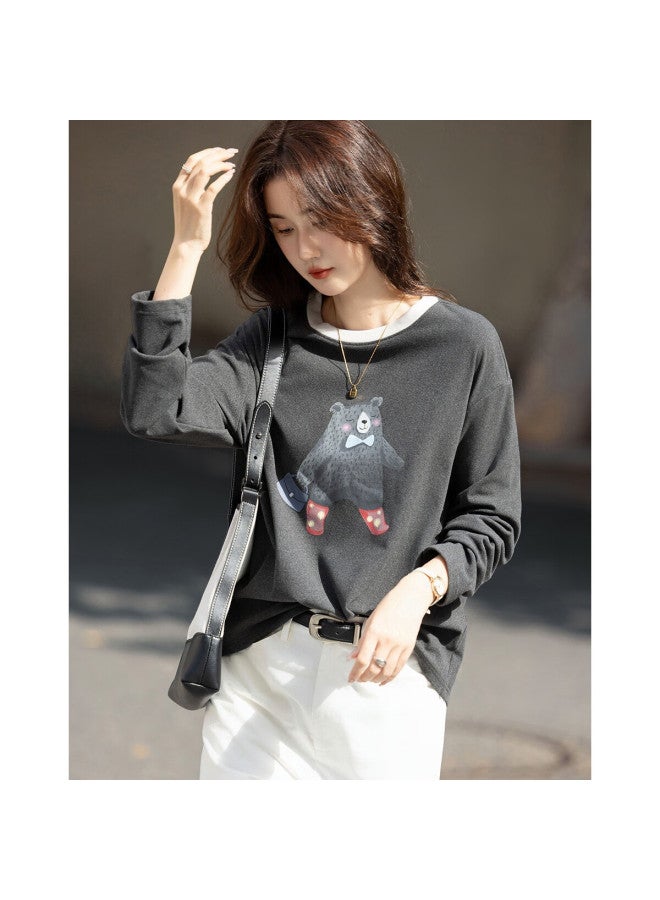 dme Demana 280g Thermal Velvet Warm Winter Korean Style Colorblock Crewneck Bear Print Pee Women's T-shirt - Image 2