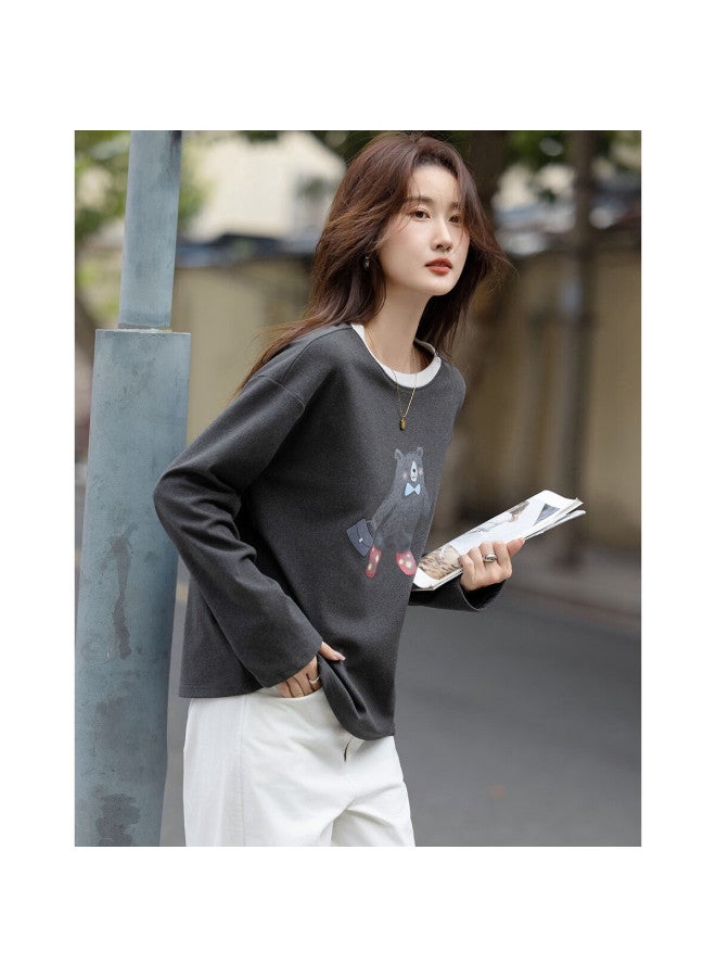 dme Demana 280g Thermal Velvet Warm Winter Korean Style Colorblock Crewneck Bear Print Pee Women's T-shirt - Image 5
