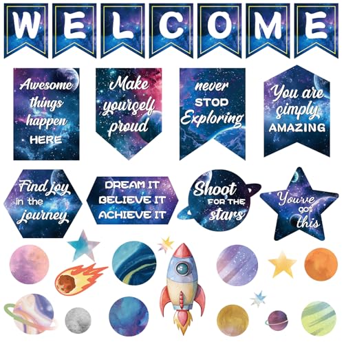 Hedeey 31 Pcs Outer Space Welcome Bulletin Board Classroom Decoration Sets Motivational Theme Classroom Decor Galaxy Inspirational Poster Cutouts for Teachers School Office Home Supplies Door Wall Decor - Image 1