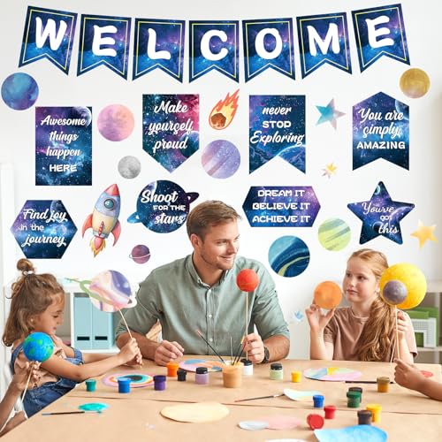 Hedeey 31 Pcs Outer Space Welcome Bulletin Board Classroom Decoration Sets Motivational Theme Classroom Decor Galaxy Inspirational Poster Cutouts for Teachers School Office Home Supplies Door Wall Decor - Image 4