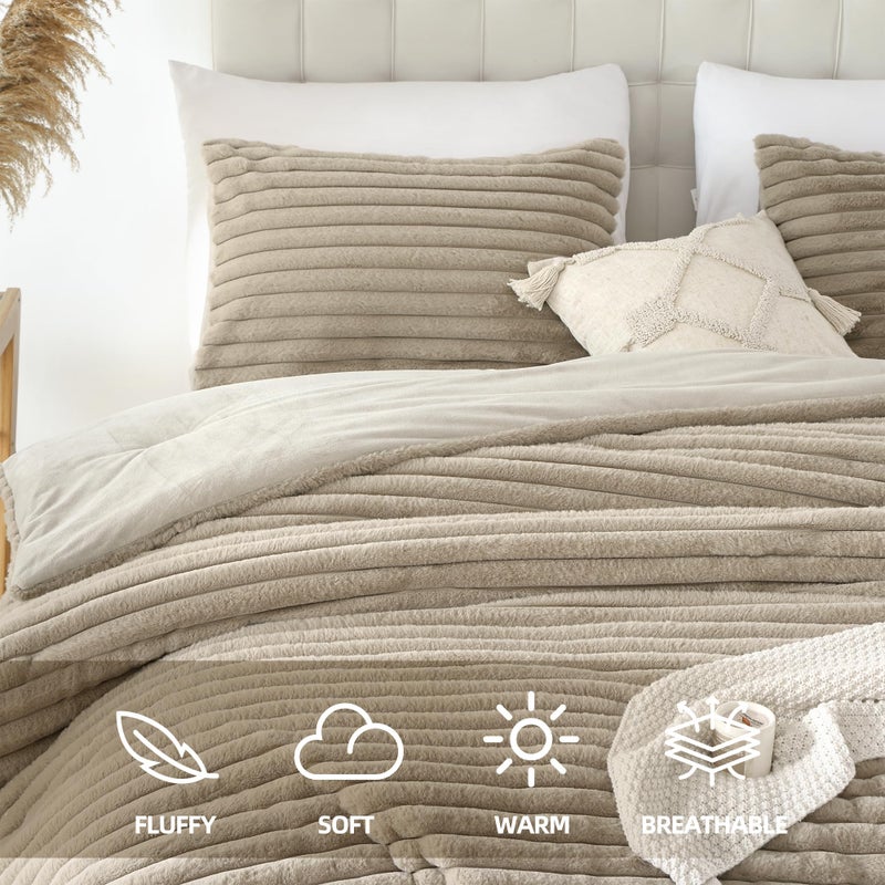 Smoofy Fluffy Queen Size Comforter Set 3 Pieces - Linen Fleece Fluffy Comforter Set, Luxury Fuzzy Queen Bedding Set, Soft Warm Queen Bed Set All Season, Heavy Faux Fur Comforter with 2 Pillow Cases - Image 2