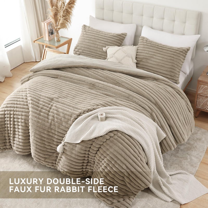 Smoofy Fluffy Queen Size Comforter Set 3 Pieces - Linen Fleece Fluffy Comforter Set, Luxury Fuzzy Queen Bedding Set, Soft Warm Queen Bed Set All Season, Heavy Faux Fur Comforter with 2 Pillow Cases - Image 4