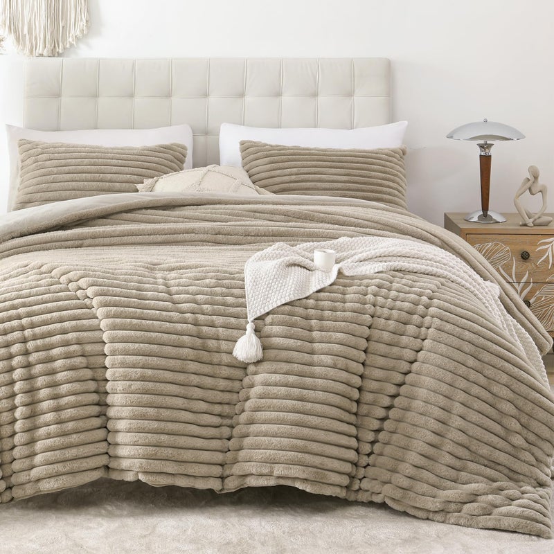 Smoofy Fluffy Queen Size Comforter Set 3 Pieces - Linen Fleece Fluffy Comforter Set, Luxury Fuzzy Queen Bedding Set, Soft Warm Queen Bed Set All Season, Heavy Faux Fur Comforter with 2 Pillow Cases - Image 1