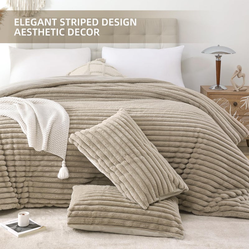 Smoofy Fluffy Queen Size Comforter Set 3 Pieces - Linen Fleece Fluffy Comforter Set, Luxury Fuzzy Queen Bedding Set, Soft Warm Queen Bed Set All Season, Heavy Faux Fur Comforter with 2 Pillow Cases - Image 3