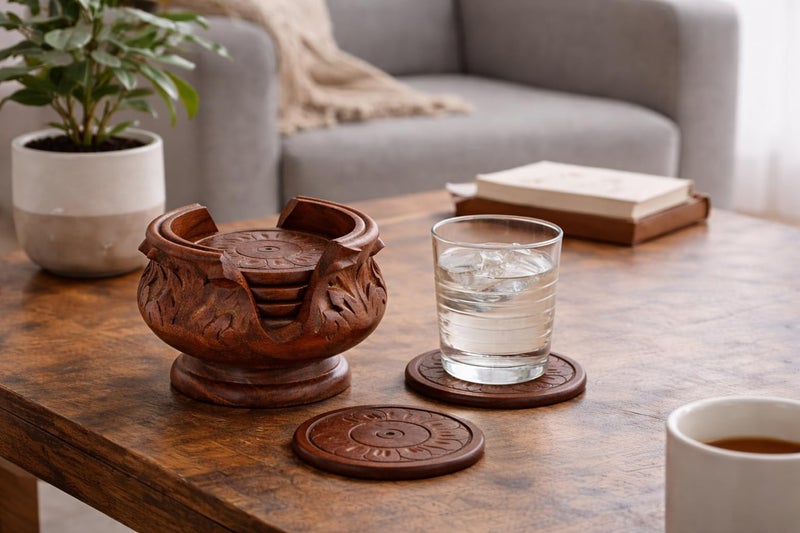 PEBBLECRAFTS Wooden Coasters for Drinks Set of 6 – Solid Wood Coasters with Holder | Round Table Coasters for Coffee Table, Bar, Kitchen & Office | Table Coaster | Perfect Housewarming Gift - Image 3