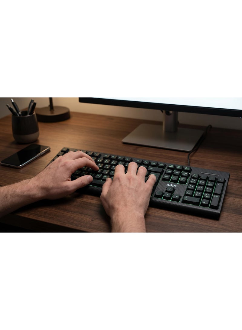 GR computer GR-500 Wired Waterproof Keyboard – USB Multimedia Keyboard – English & Arabic – Rainbow Backlight – Spill Resistant – Black - Image 2