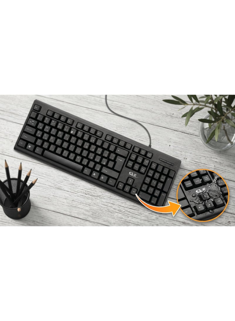 GR computer GR-500 Wired Waterproof Keyboard – USB Multimedia Keyboard – English & Arabic – Rainbow Backlight – Spill Resistant – Black - Image 4