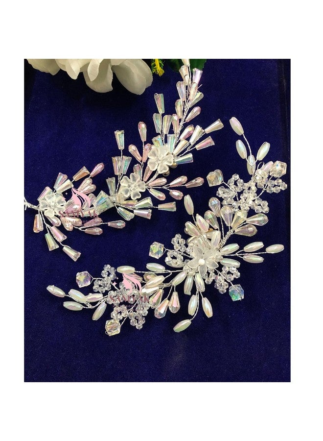 Samyak Combo of 2 Wedding Hair Pins Tiara Accessories Handmade Headdress Brooch for Women & Girls Bridesmaid Hair Vine (Silver-Pink) - Image 1