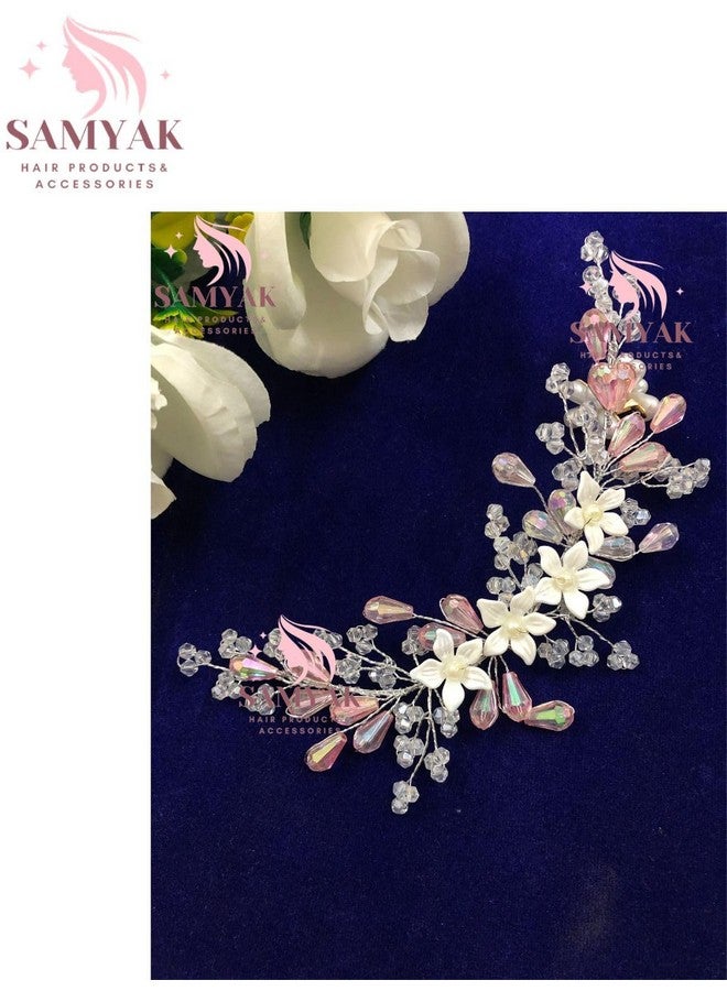 Samyak Combo of 2 Wedding Hair Pins Tiara Accessories Handmade Headdress Brooch for Women & Girls Bridesmaid Hair Vine (Silver-Pink) - Image 2