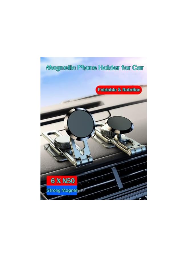 Green Tiger Alloy Folding Magnetic Car Phone Holder, 360° Rotatable Universal Cell Phone Mount with 6 Strong Magnets, Dashboard Phone Holder for Cars Compatible with All Smartphone - Image 4