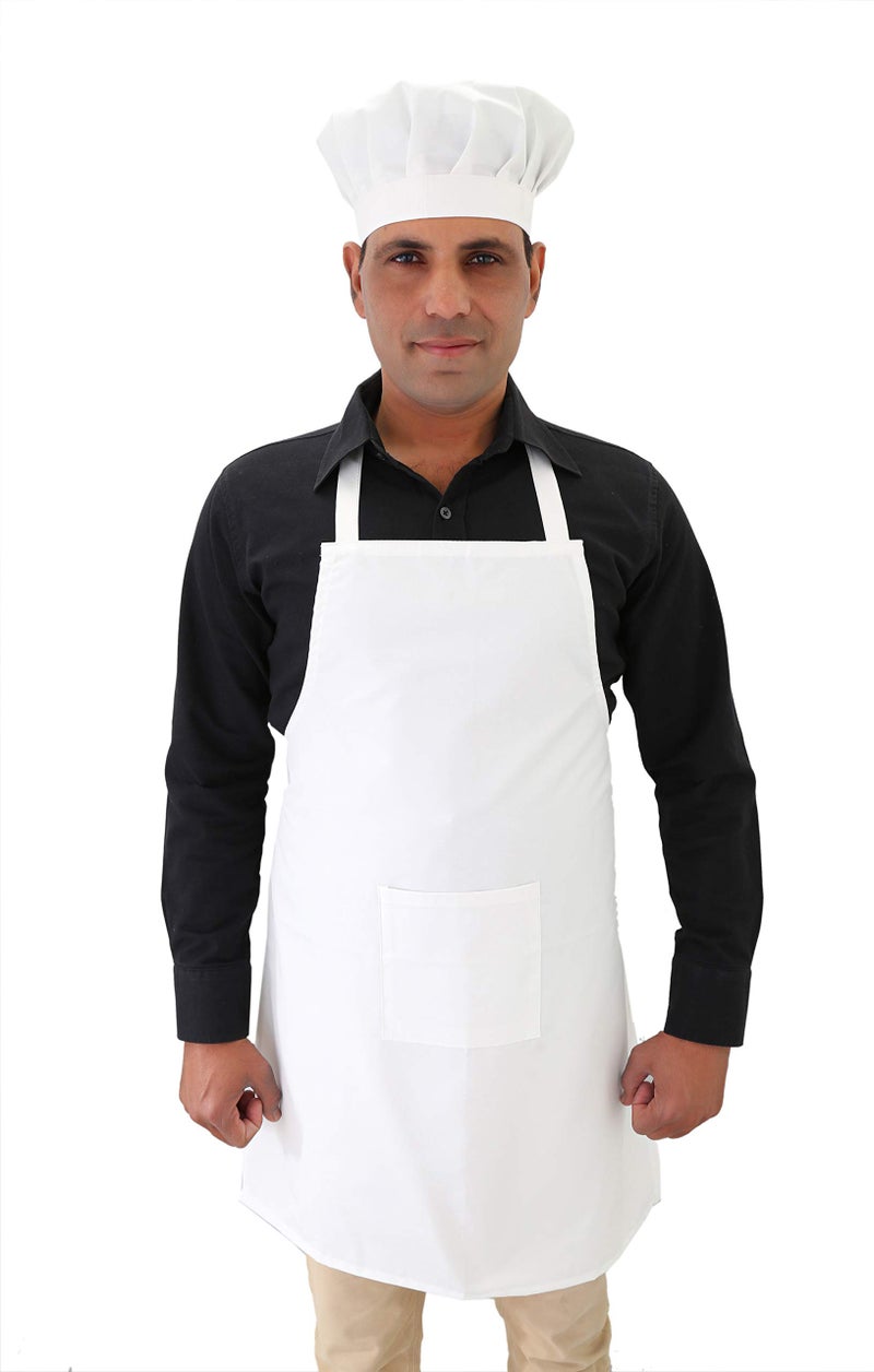 Switchon Poly-Cotton Solid Plain Free Size Chef's Cooking Kitchen Apron with Chef's Cap-White 23x30 inch (57x77cm) - Image 1