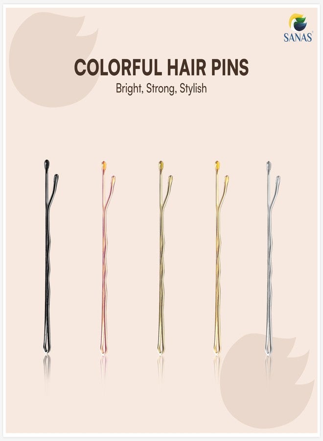 Sanas Hair Pins For Hair Styling (250Pcs) Bobby Pins For Women Hair Pin Variety In Design & Finish Juda Pins For Hair Bun U Pins For Hair Stylish (5cm Long) (250Pcs) (Gold, Silver, Bronze, Black & Rose Gold) - Image 2