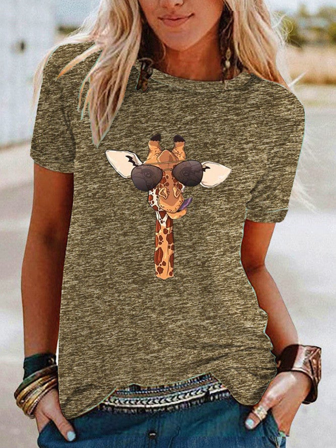 wish fun giraffe pattern printed contrast short sleeve t-shirt for women - Image 3