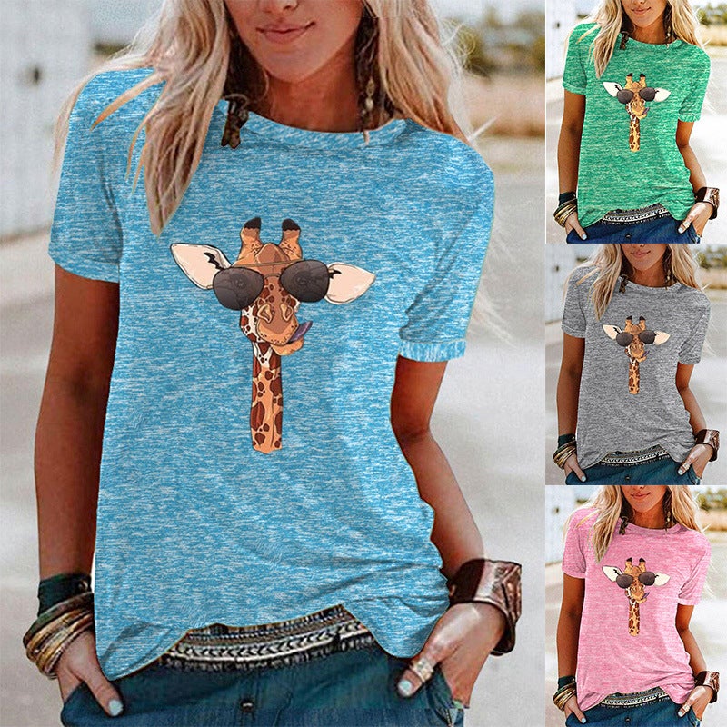 wish fun giraffe pattern printed contrast short sleeve t-shirt for women - Image 2