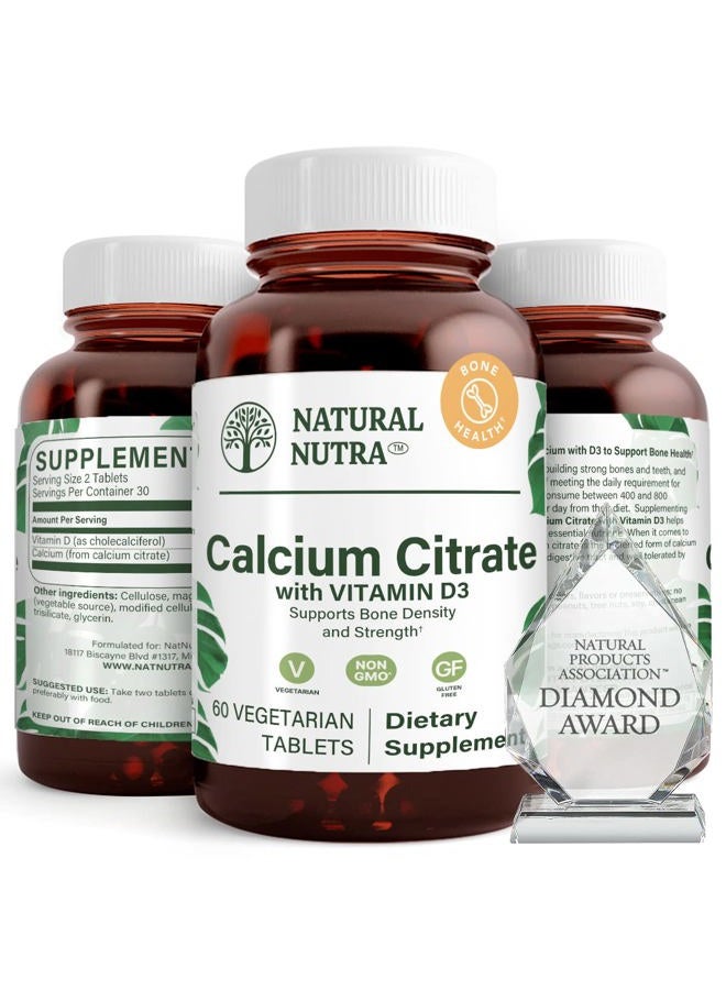 Natural Nutra Calcium Citrate with Vitamin D3, Supplement for Bone Strength, Promotes Muscle Movements, Boosts Heart Health, Strengthen Bone Density, Helps Regulate Body Fluids, 60 Tablets - Image 1