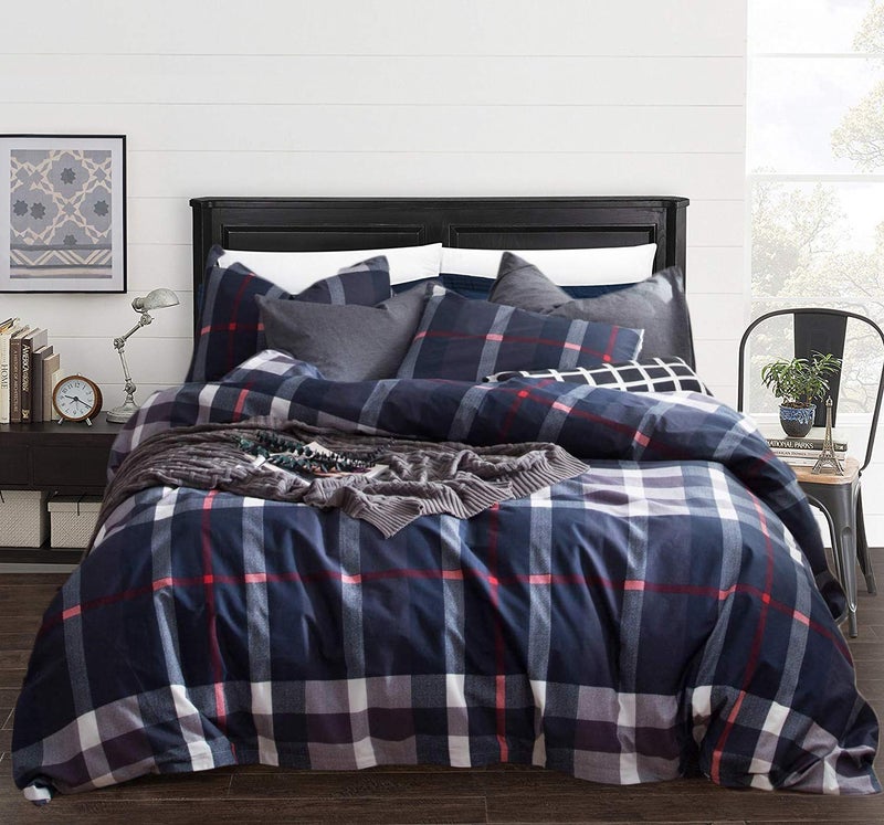 CLOTHKNOW Navy Blue Plaid Twin Comforter Set 3Pcs Tartan Bedding Comforter Sets Grid Comforter Twin Geometric Comforter Soft Buffalo Comforter Sets Twin - Image 1