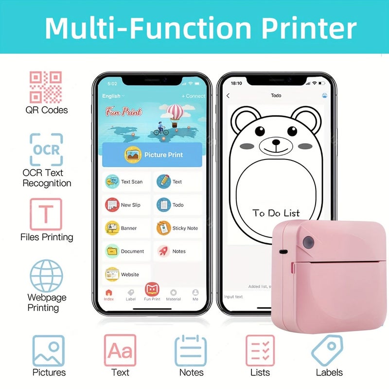 Portable Wireless Mini Printer Pink For Printing Photos Labels And Notes Perfect Holiday Gift - Image 2