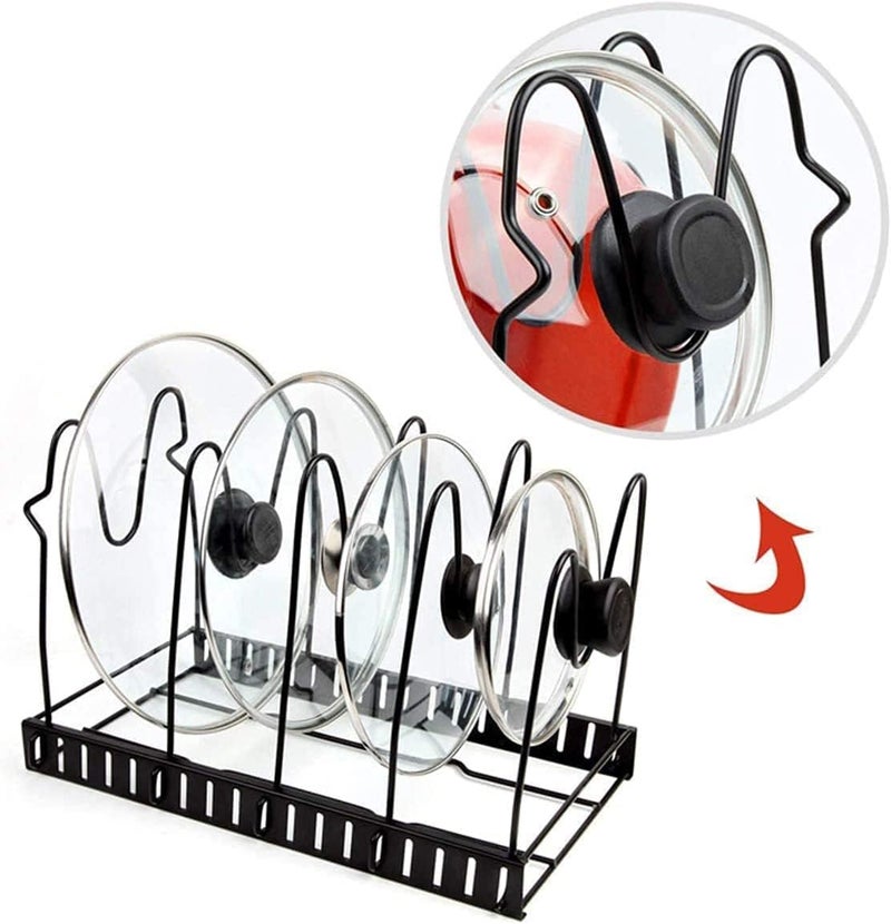 Eesyy Adjustable Pot Pan Organizer Rack, Pot Holder, Cookware Pot Lid Rack with 3 DIY Methods, U Shape Groove, 8 Tiers Pan Organizer Holder Black - Image 4