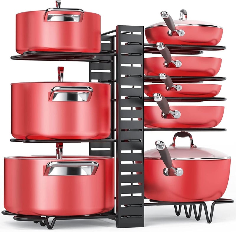 Eesyy Adjustable Pot Pan Organizer Rack, Pot Holder, Cookware Pot Lid Rack with 3 DIY Methods, U Shape Groove, 8 Tiers Pan Organizer Holder Black - Image 1