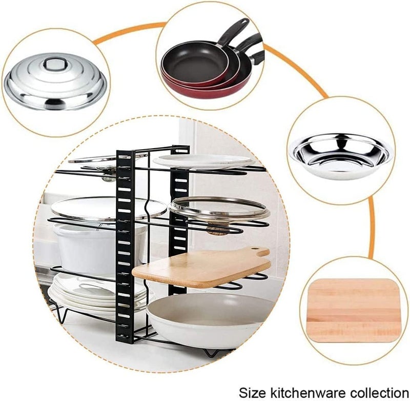 Eesyy Adjustable Pot Pan Organizer Rack, Pot Holder, Cookware Pot Lid Rack with 3 DIY Methods, U Shape Groove, 8 Tiers Pan Organizer Holder Black - Image 2
