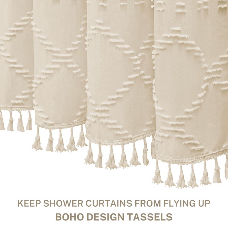 Siiluminisoy Boho Farmhouse Shower Curtain Woven Fabric Cream/Beige Shower Curtain, 72 x 72 Tufted Chevron Textured Striped Modern Minimalist Cloth Shower Curtains for Bathroom - Image 3