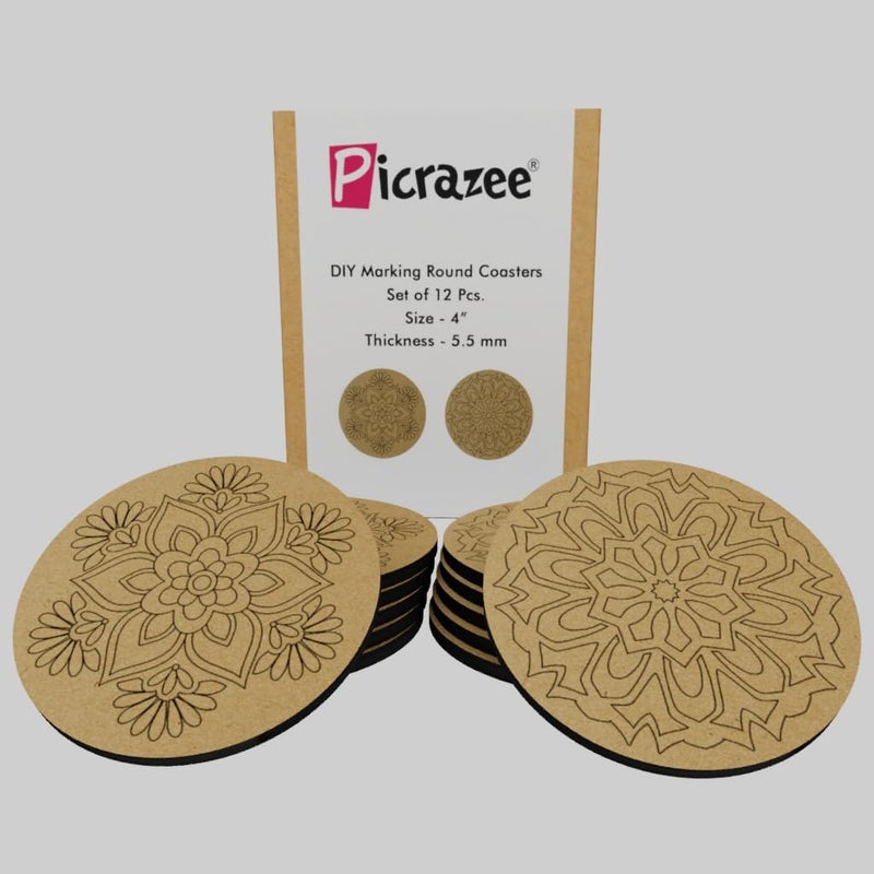 PICRAZEE DIY Engineered Pine MDF Pre-Marked 12 Round Plates (2 Designs 6 Plates Each) in 4 inch Diameter and 5.5 mm Thickness– Ideal for Art and Craft, Resin Art, Decoupage, and DIY Projects - Image 1