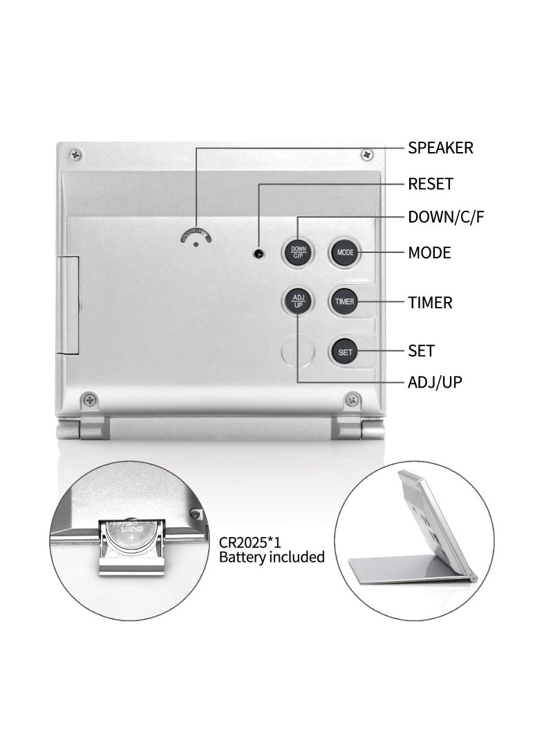 Excefore Digital Travel Alarm Clock, 2 Pcs Foldable Calendar Temperature Timer LCD Clock with Snooze Mode, Large Number Display, Battery Operated, Compact Desk Clock for All Ages (Silver) - Image 3