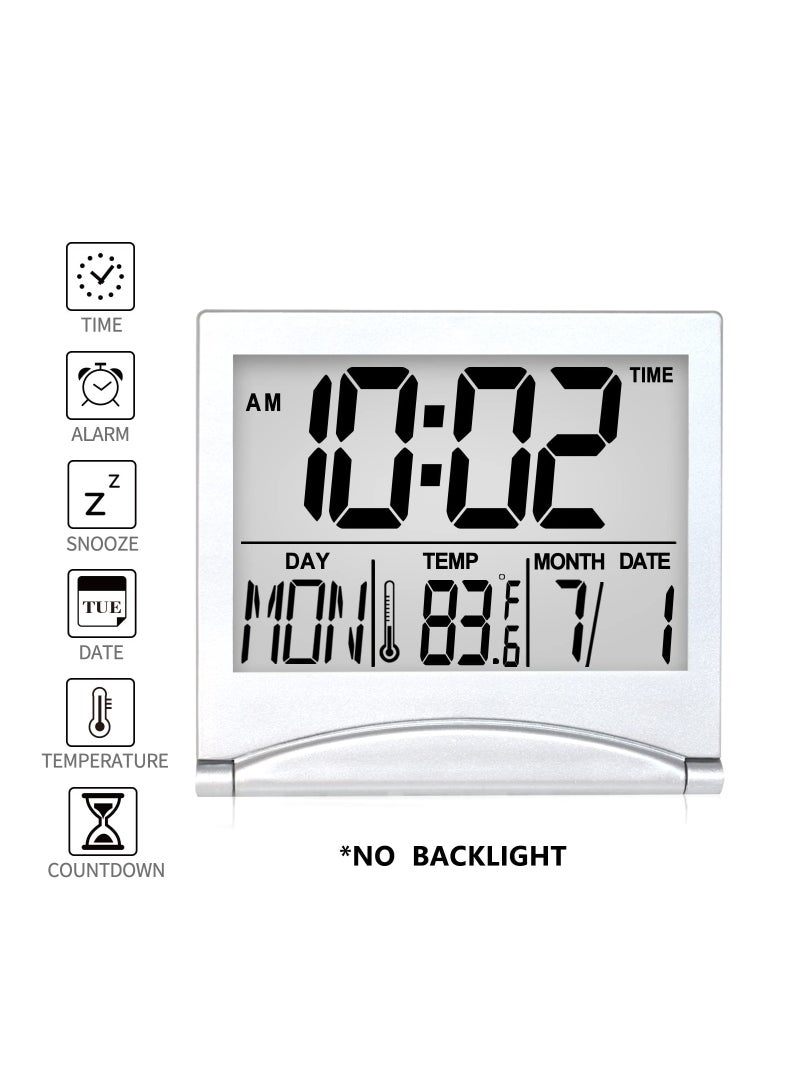 Excefore Digital Travel Alarm Clock, 2 Pcs Foldable Calendar Temperature Timer LCD Clock with Snooze Mode, Large Number Display, Battery Operated, Compact Desk Clock for All Ages (Silver) - Image 2