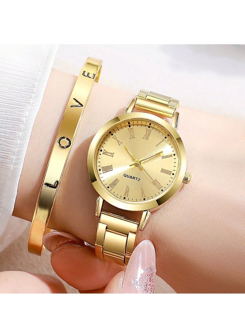 Shein 2pcs Luxury Gold Set Women's Watch Ladies Bracelet Stainless Steel LOVE Bracelet Gifts For Women - Image 1