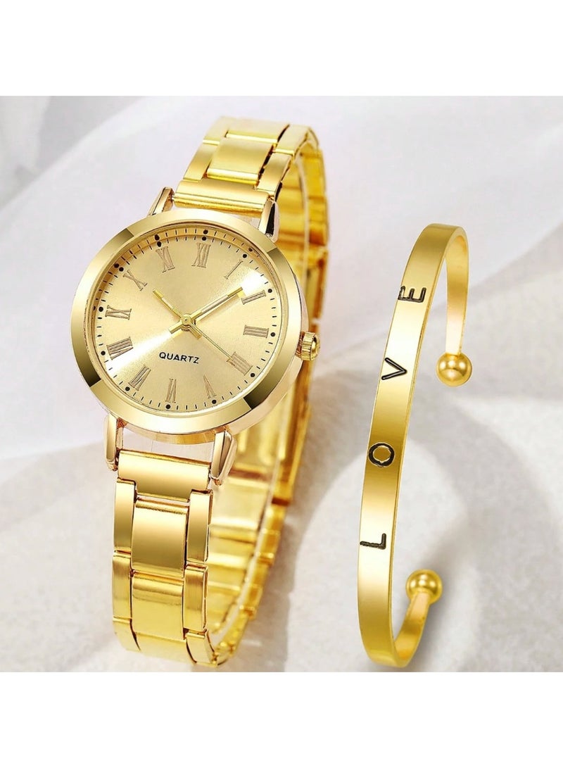 Shein 2pcs Luxury Gold Set Women's Watch Ladies Bracelet Stainless Steel LOVE Bracelet Gifts For Women - Image 3