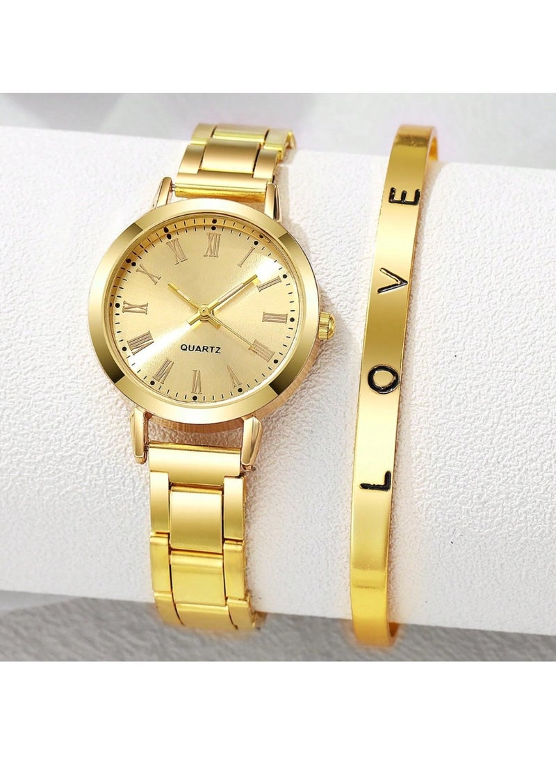 Shein 2pcs Luxury Gold Set Women's Watch Ladies Bracelet Stainless Steel LOVE Bracelet Gifts For Women - Image 2