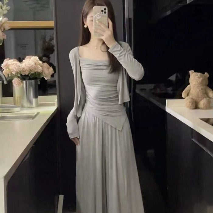 Lazy Casual suit Womens Spring and Autumn New Irregular Sling Cardigan High Waist Mop Pants Slimming Elegant Three-piece Set Gray three-piece suit#279