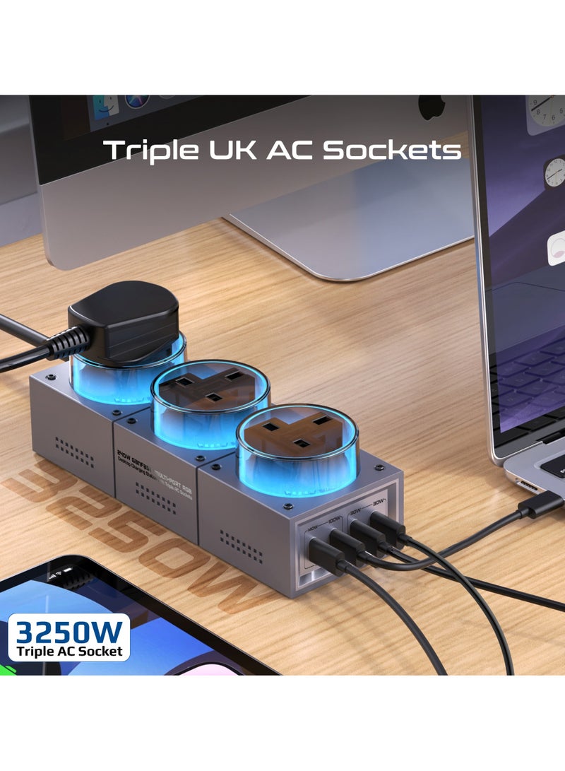 Promate 7-in-1 Multi-Port Charging Station, 240W GaNFast Power Extension with Three 3250W UK AC Sockets, PD140W USB-C&PD100W USB-C Ports, 2 PD30W USB-C Ports, 3m Cable, PowerBrix-GaN240 Black Titanium black - Image 4