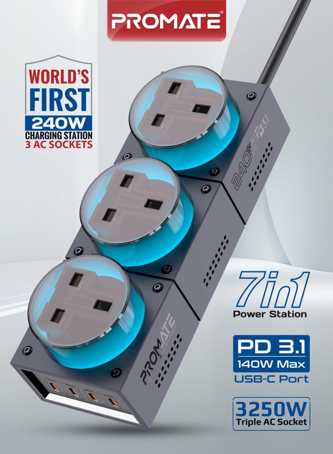 Promate 7-in-1 Multi-Port Charging Station, 240W GaNFast Power Extension with Three 3250W UK AC Sockets, PD140W USB-C&PD100W USB-C Ports, 2 PD30W USB-C Ports, 3m Cable, PowerBrix-GaN240 Black Titanium black - Image 1