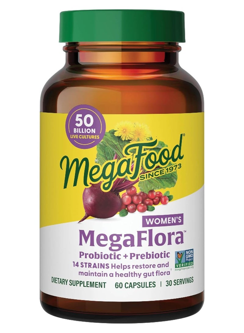MegaFood MegaFlora Probiotic + Prebiotic, 14 Strains Helps Restore and Maintain a Healthy Gut Flora, 60 Capsules (30 Servings) - Image 1
