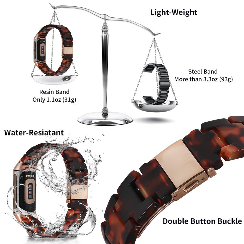 Limque Resin Band Compatible with Fitbit Charge 6/ Fitbit Charge 5, Waterproof & Lightweight Bracelet Wristband Replacement with Stainless Steel Buckle, Fashion Strap for Fitbit Charge 5/6 Fitness Tracker Women (Tortoiseshell) - Image 3