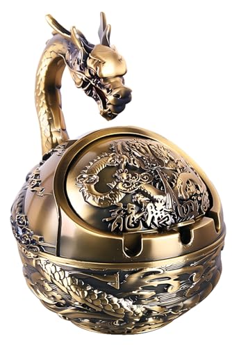Stylitzy Vintage Ashtray with Lid for CigarettesMetal Windproof Smokeless Odorless Ash Tray Holder for Indoor Outdoor Decorative HandCarved Fancy Gift Ornament for Home Office Bronze Dragon - Image 1