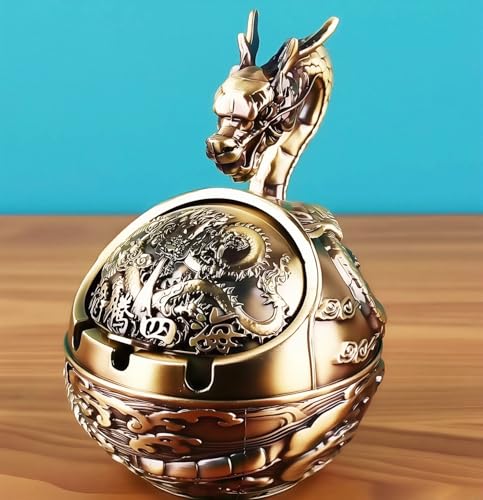 Stylitzy Vintage Ashtray with Lid for CigarettesMetal Windproof Smokeless Odorless Ash Tray Holder for Indoor Outdoor Decorative HandCarved Fancy Gift Ornament for Home Office Bronze Dragon - Image 3