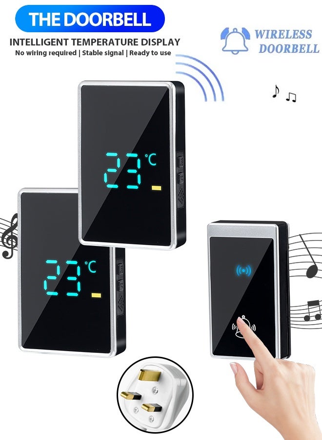 جرس باب لاسلكي مقاوم للماء مع شاشة عرض درجة الحرارة وميض LED، مدى أكثر من 1000 قدم، 56 صوتًا و5 مستويات من الصوت، 2 جهاز استقبال وجهاز إرسال واحد، جرس باب لاسلكي للمنزل والمكتب والشقق والفنادق والمستودعات ومضاد للسرقة، فضي أسود - Image 1