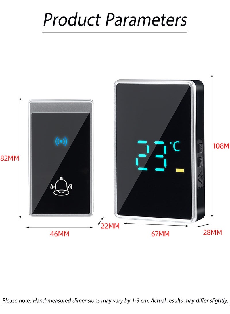 جرس باب لاسلكي مقاوم للماء مع شاشة عرض درجة الحرارة وميض LED، مدى أكثر من 1000 قدم، 56 صوتًا و5 مستويات من الصوت، 2 جهاز استقبال وجهاز إرسال واحد، جرس باب لاسلكي للمنزل والمكتب والشقق والفنادق والمستودعات ومضاد للسرقة، فضي أسود - Image 2