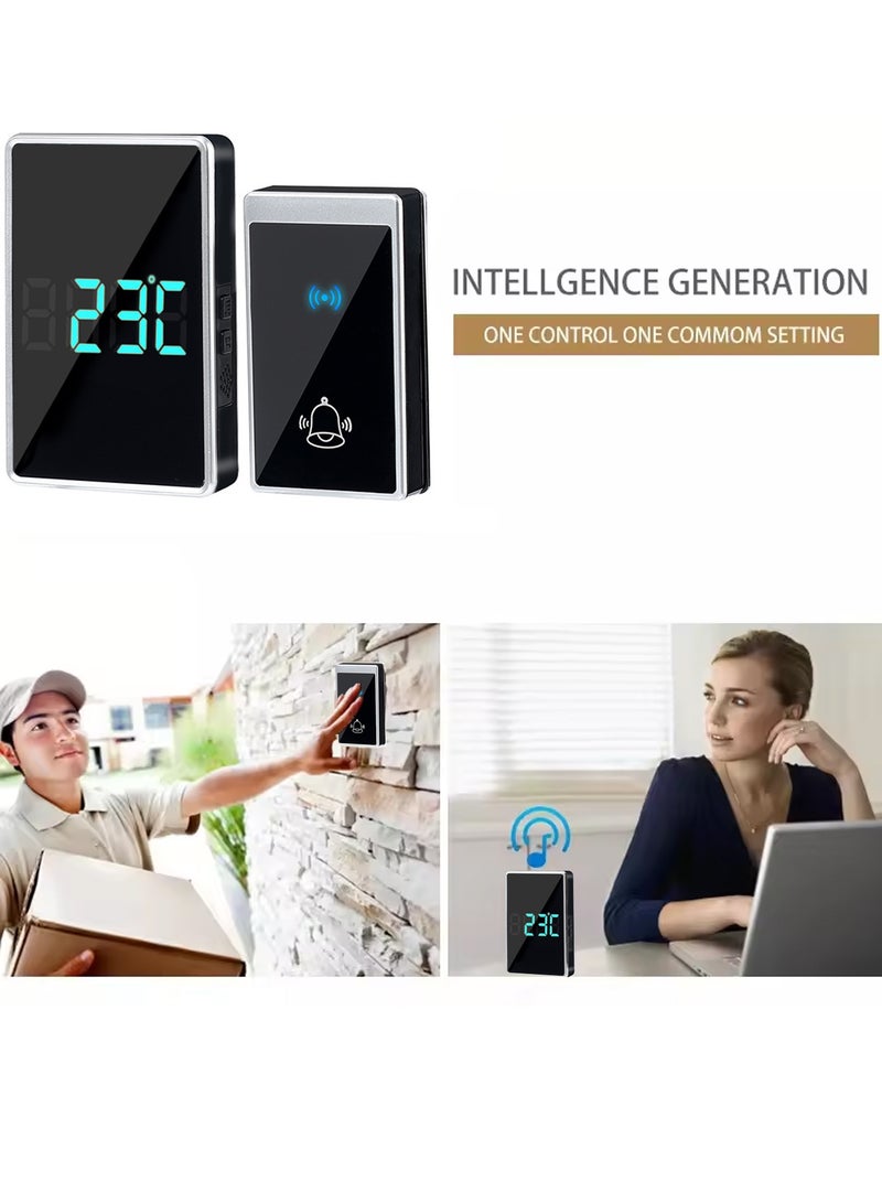 جرس باب لاسلكي مقاوم للماء مع شاشة عرض درجة الحرارة وميض LED، مدى أكثر من 1000 قدم، 56 صوتًا و5 مستويات من الصوت، 2 جهاز استقبال وجهاز إرسال واحد، جرس باب لاسلكي للمنزل والمكتب والشقق والفنادق والمستودعات ومضاد للسرقة، فضي أسود - Image 4