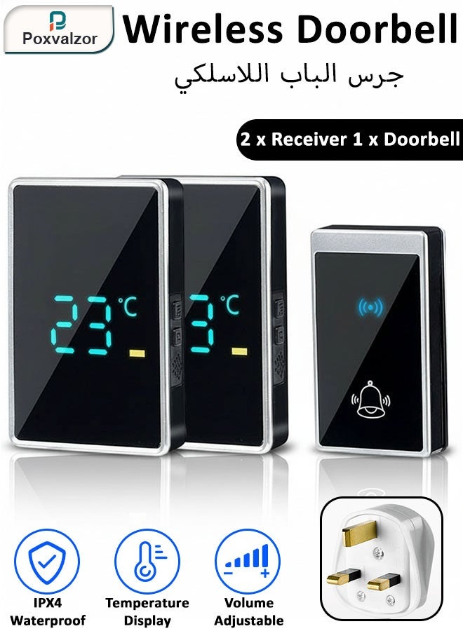 Poxvalzor Waterproof Wireless Doorbell with LED Flash, Over 1000 Feet Range, 56 Sounds and 5 Levels of Volume, No Batteries Needed, Easy Installation, 2 Receivers and 1 Transmitter Cordless Doorbell for Home, Office, Apartment, Hotel, Warehouse and Anti-Theft Silver Black - Image 1