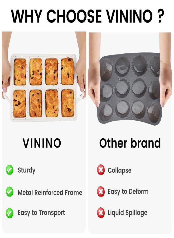Vinino Silicone Mini Loaf Pans with Metal Reinforced Frame-2 Pack, Non-stick Silicone Bread Pan for Baking 8-Cavity, Tiny Banana Bread Set, Dishwasher Safe Brownie Pan-Cream - Image 4