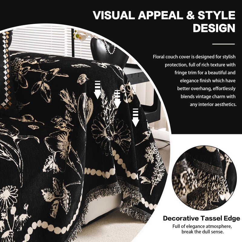 DREAMINGO Black Floral Couch Cover Farmhouse Botanical Jacquard Sofa Covers for 2 Cushion Couch Cozy Chenille Living Room Furniture Loveseat Sectional Sofa Slipcovers Washable, Large 71"x118" - Image 4